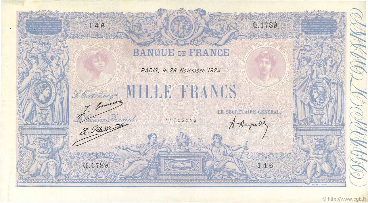1000 Francs BLEU ET ROSE FRANCIA  1924 F.36.40 q.SPL