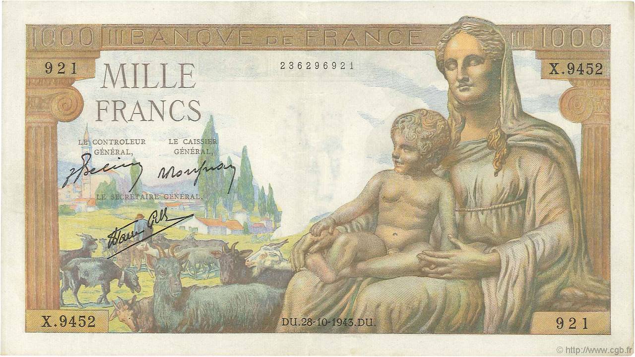 1000 Francs DÉESSE DÉMÉTER FRANCE  1943 F.40.38 VF+