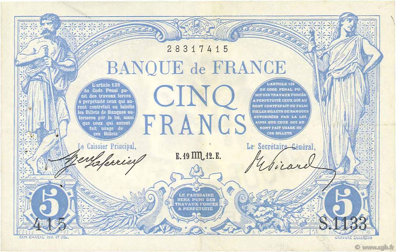 5 Francs BLEU FRANKREICH  1912 F.02.08 fVZ