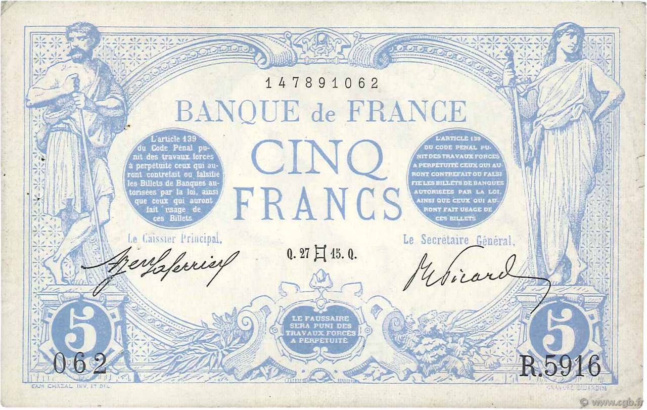 5 Francs BLEU FRANKREICH  1915 F.02.27 fVZ