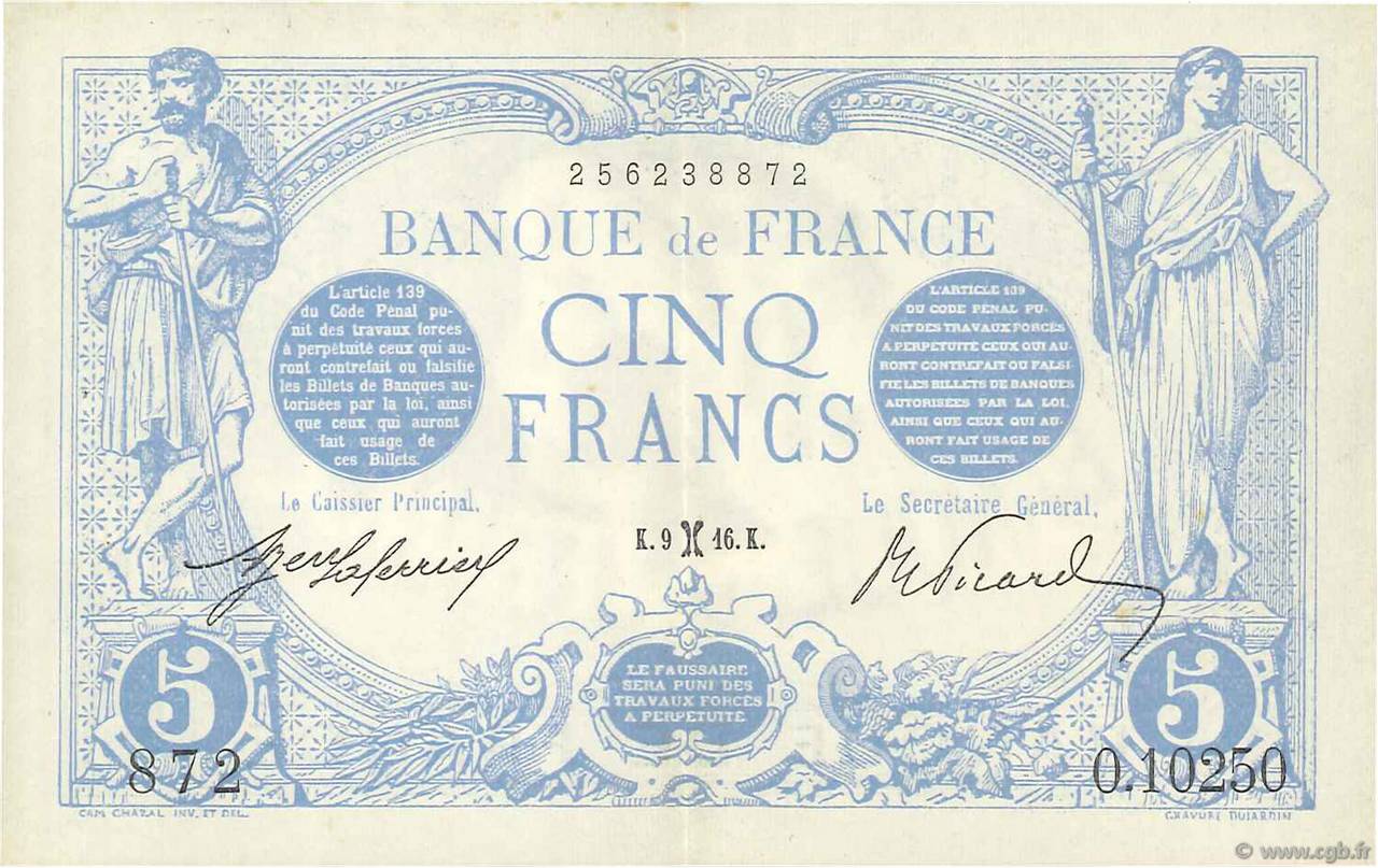 5 Francs BLEU FRANCIA  1916 F.02.36 EBC