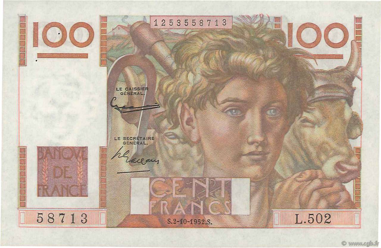 100 Francs JEUNE PAYSAN filigrane inversé FRANCIA  1952 F.28bis.01 AU