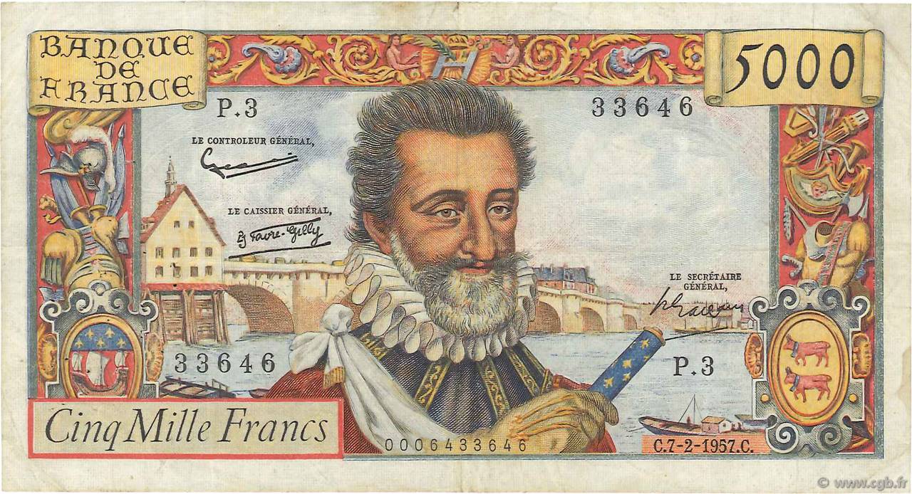 5000 Francs HENRI IV FRANCIA  1957 F.49.01 q.BB