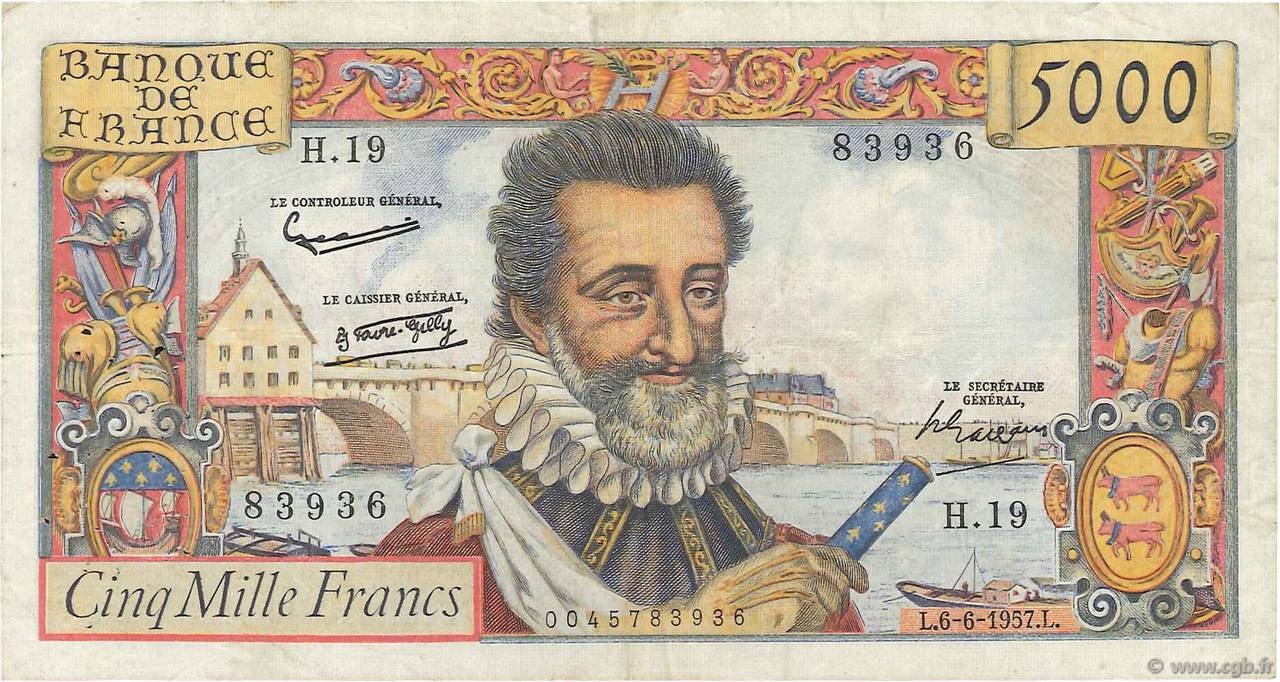 5000 Francs HENRI IV FRANCIA  1957 F.49.02 q.BB