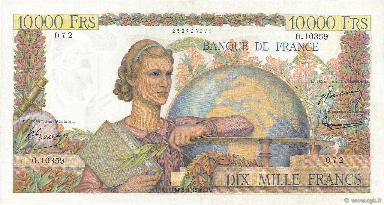 10000 Francs GÉNIE FRANÇAIS FRANKREICH  1956 F.50.78 fST