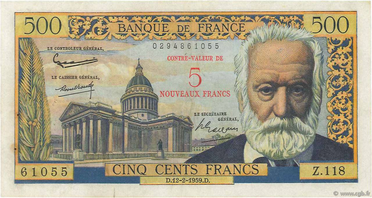 5 NF sur 500 Francs Victor HUGO FRANCIA  1959 F.52.02 BC