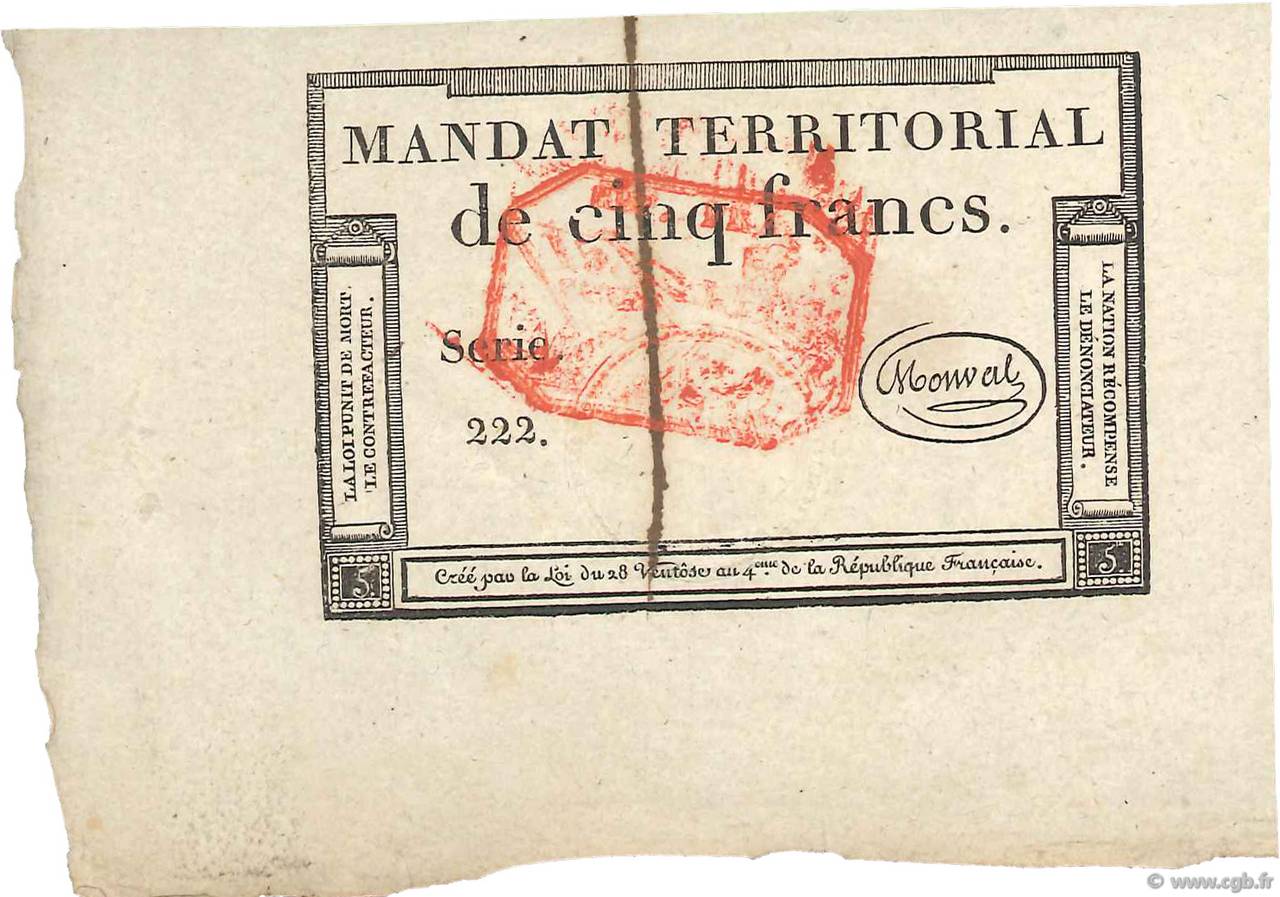 5 Francs Monval cachet rouge FRANCIA  1796 Ass.63c AU