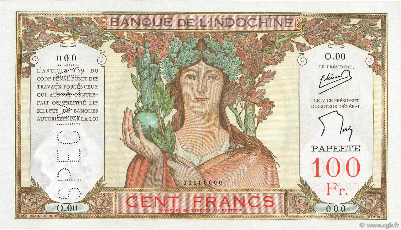 100 Francs Spécimen TAHITI  1956 P.14cS pr.NEUF