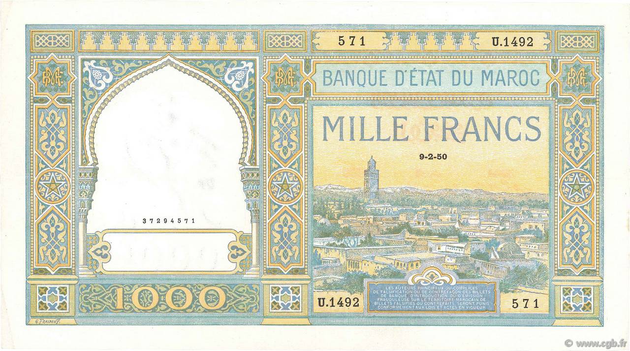 1000 Francs MAROKKO  1950 P.16c VZ