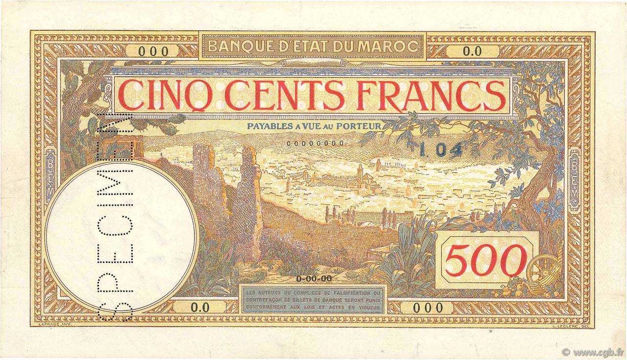 500 Francs Spécimen MOROCCO  1923 P.15s AU-