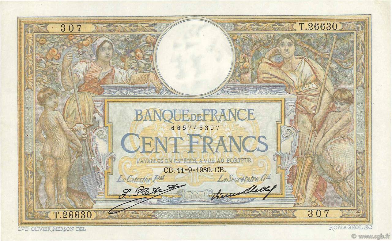 100 Francs LUC OLIVIER MERSON grands cartouches FRANCE  1930 F.24.09 XF+