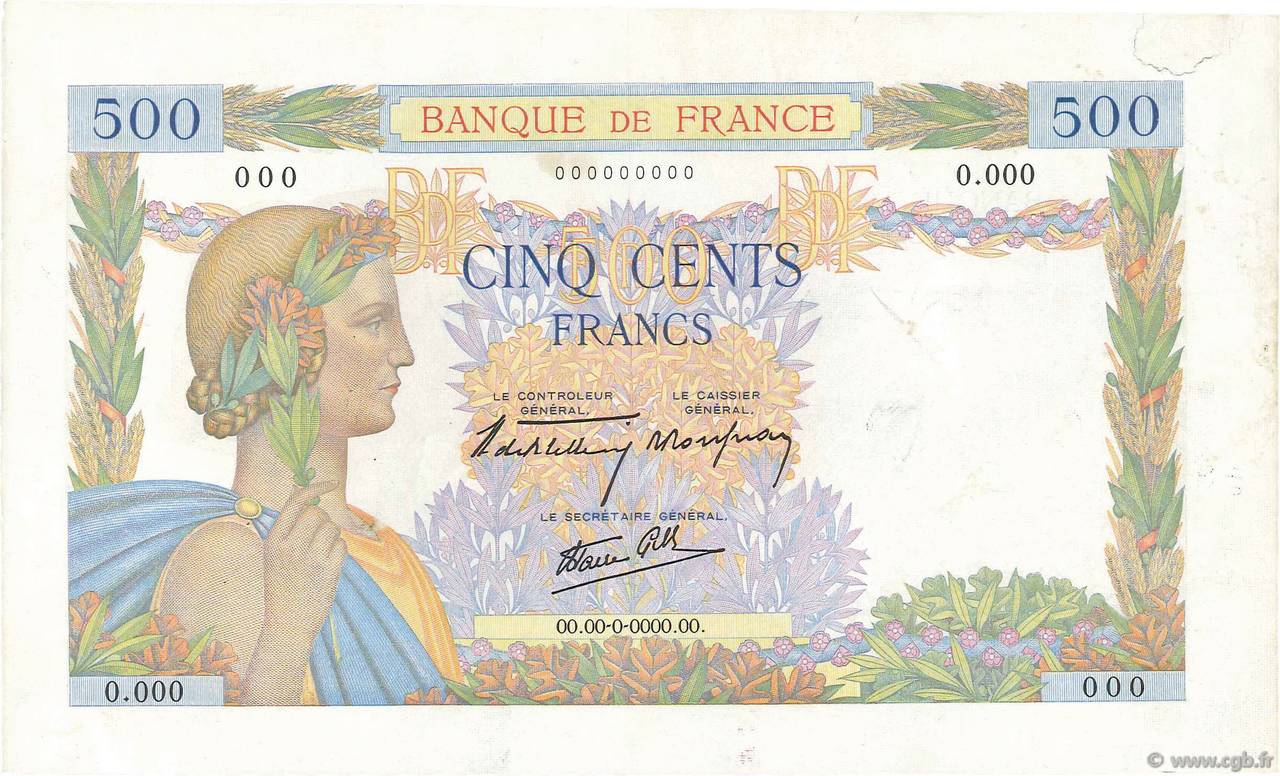 500 Francs LA PAIX Épreuve FRANCIA  1940 F.32.00Ed2 SPL