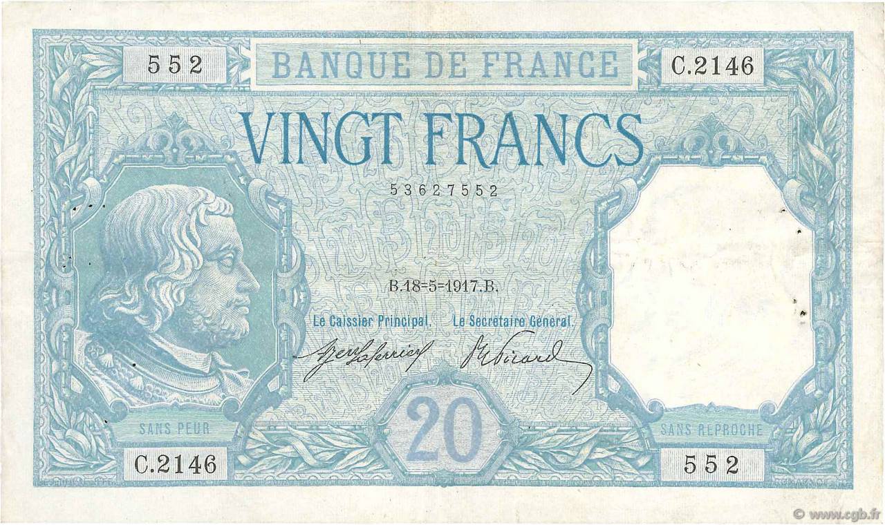 20 Francs BAYARD FRANCE  1917 F.11.02 VF