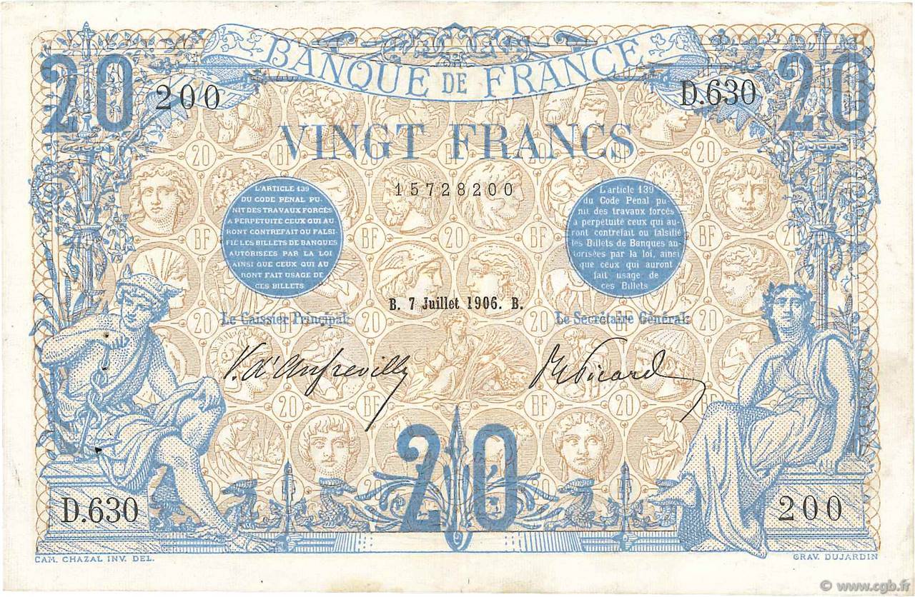 20 Francs BLEU FRANCIA  1906 F.10.01 MBC