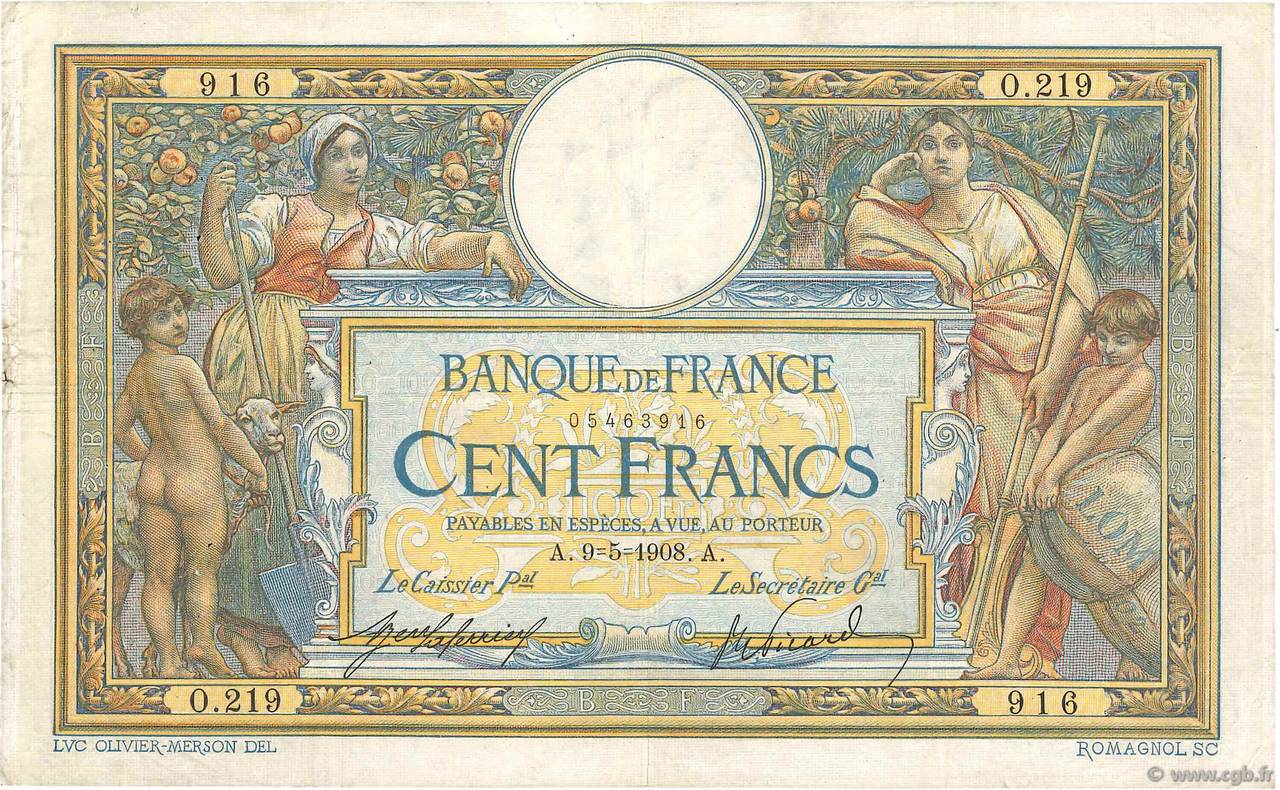100 Francs LUC OLIVIER MERSON avec LOM FRANCIA  1908 F.22.01 BC