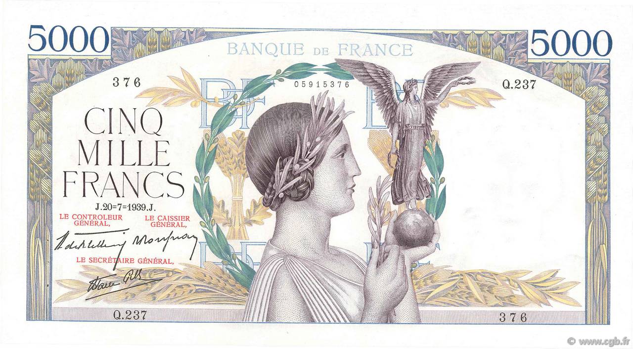 5000 Francs VICTOIRE Impression à plat FRANCIA  1939 F.46.08 SC