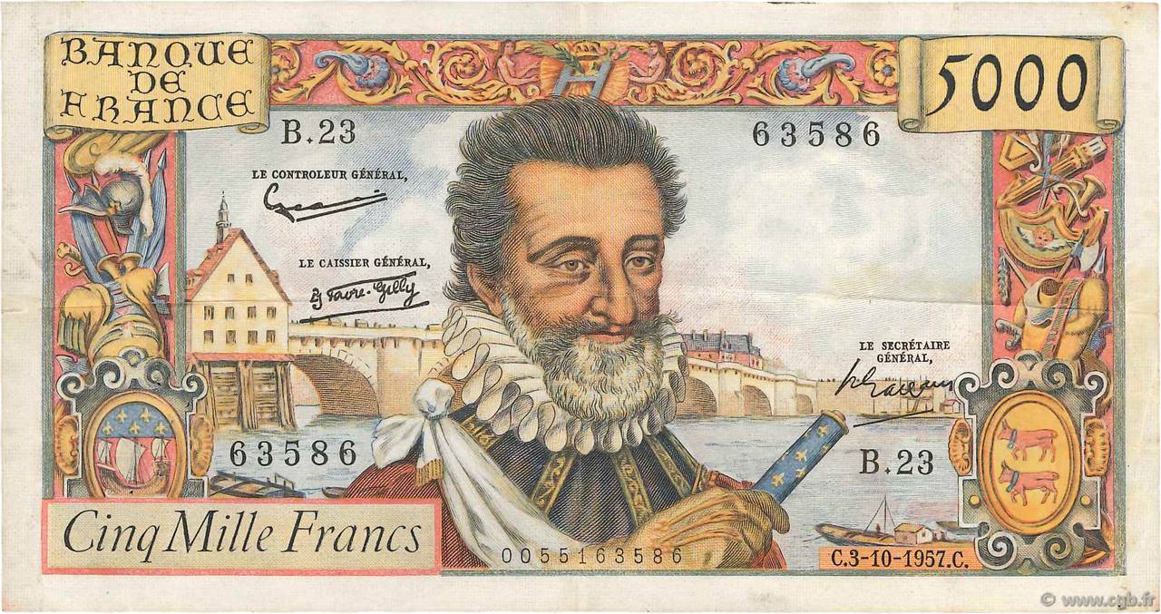 5000 Francs HENRI IV FRANCE  1957 F.49.03 VF