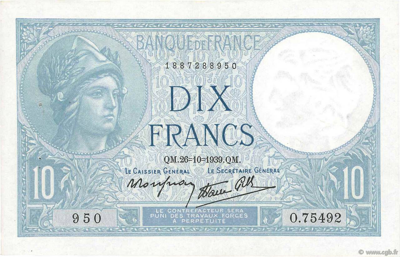 10 Francs MINERVE modifié FRANCIA  1939 F.07.13 EBC+