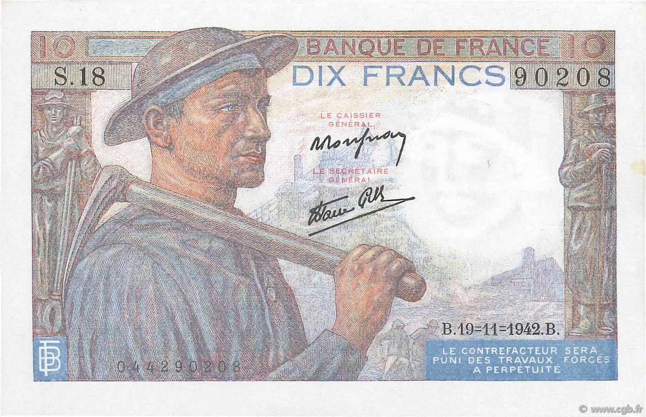 10 Francs MINEUR FRANCE  1942 F.08.05 XF+