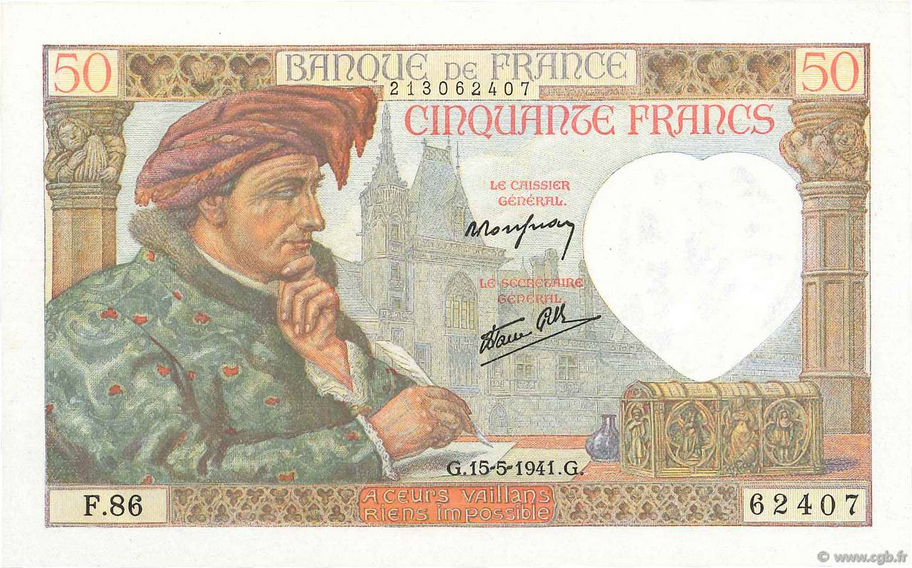 50 Francs JACQUES CŒUR FRANKREICH  1941 F.19.11 ST