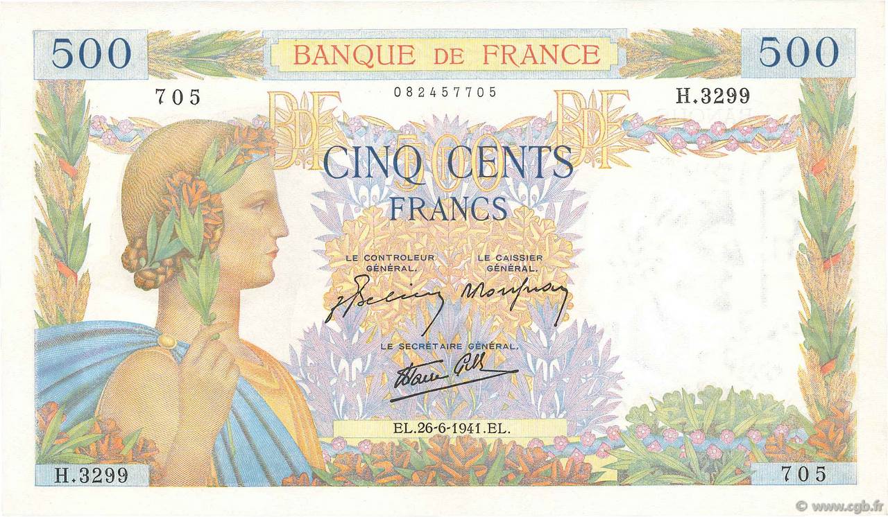 500 Francs LA PAIX FRANCIA  1941 F.32.19 FDC