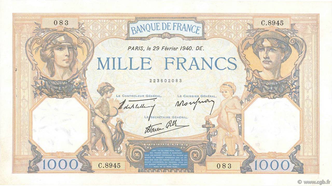 1000 Francs CÉRÈS ET MERCURE type modifié FRANCIA  1940 F.38.43 SPL