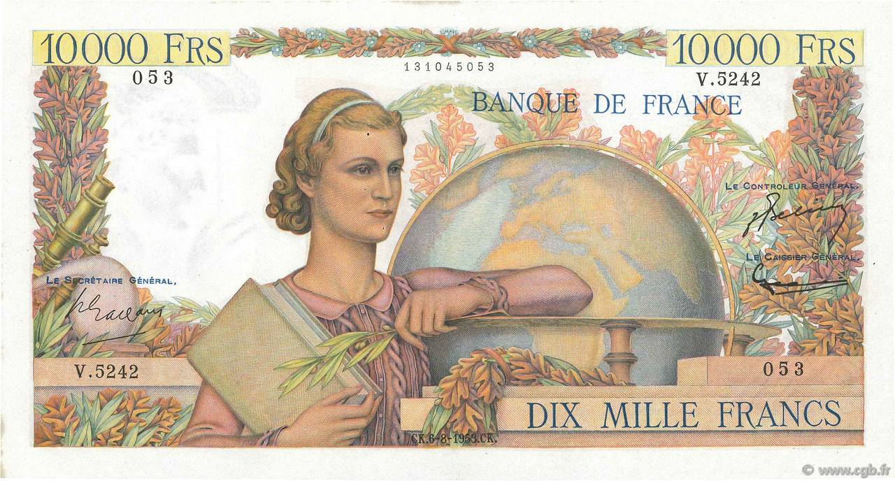 10000 Francs GÉNIE FRANÇAIS FRANCIA  1953 F.50.67 MBC+