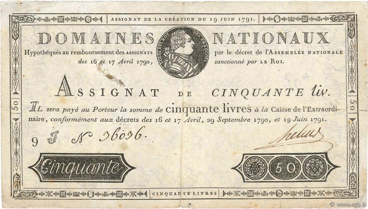 50 Livres FRANCIA  1791 Ass.13a q.BB