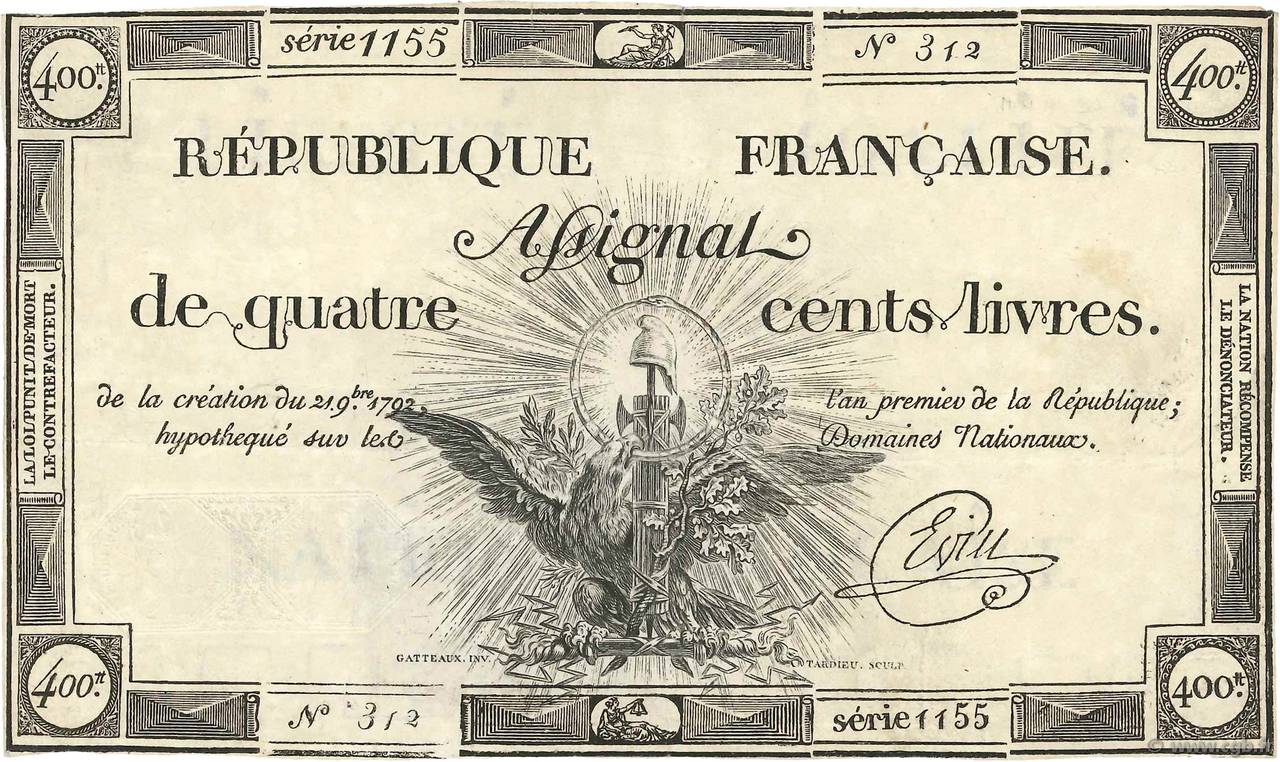 400 Livres FRANCE  1792 Ass.38a VF+