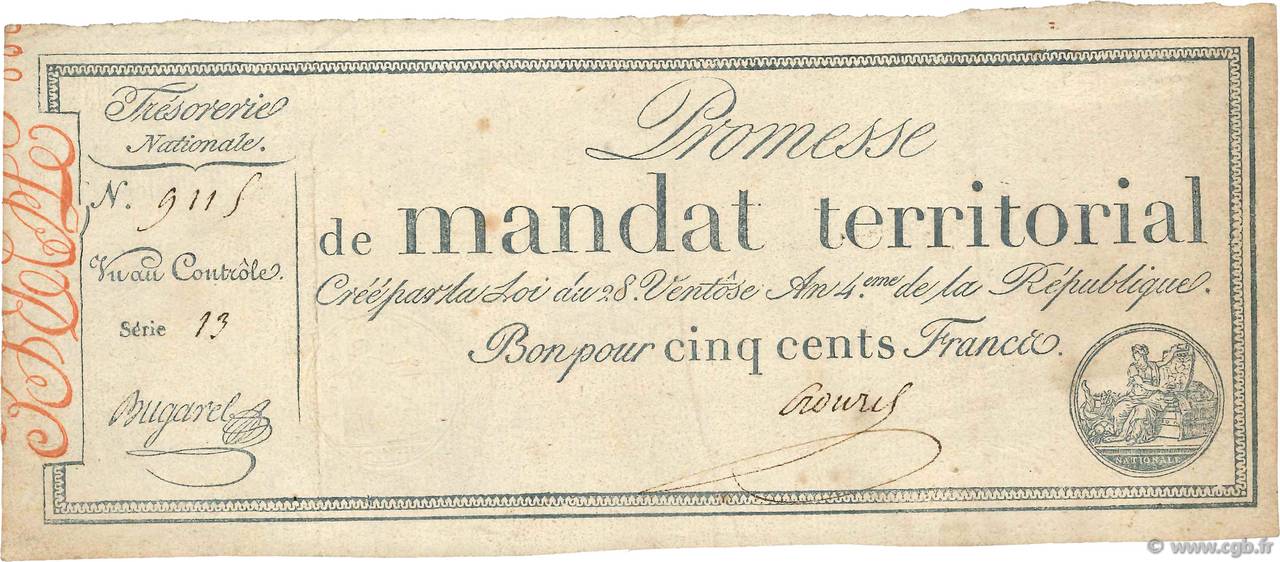500 Francs avec série FRANKREICH  1796 Ass.62b SS