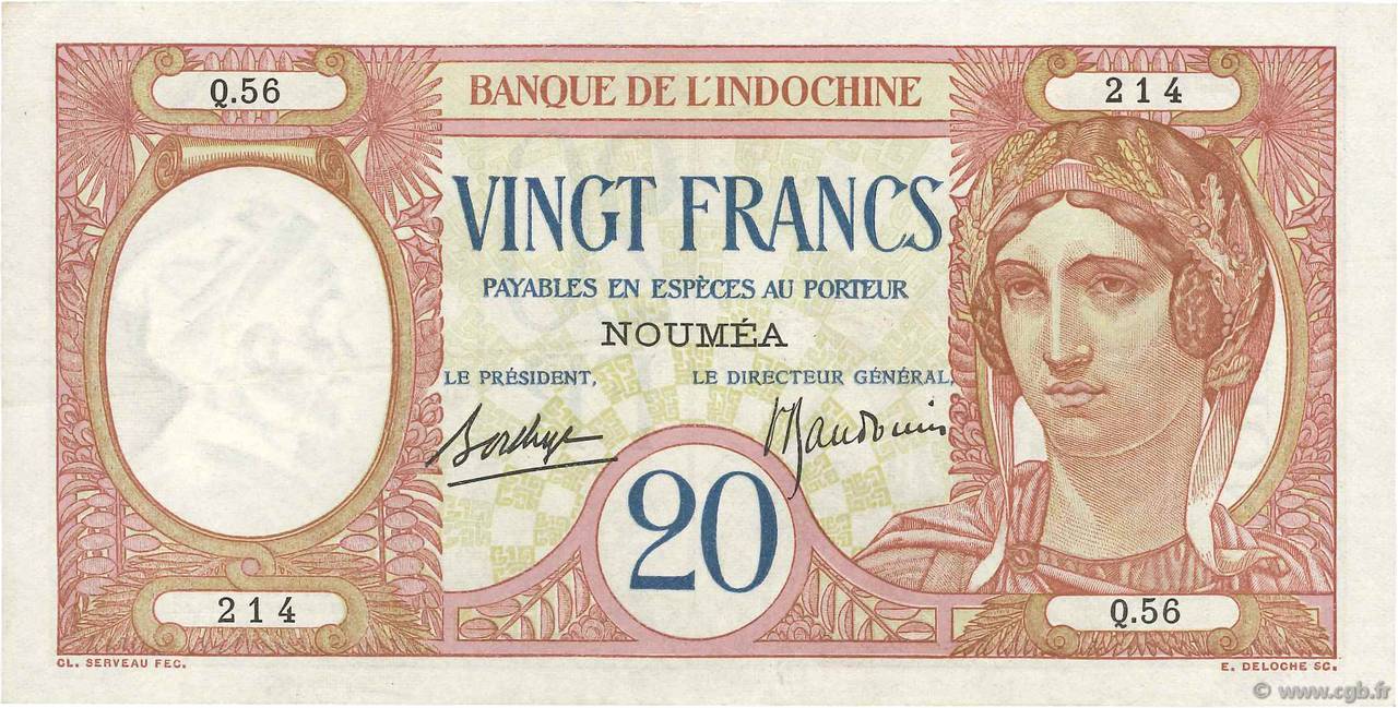 20 Francs NEW CALEDONIA  1936 P.37b VF+