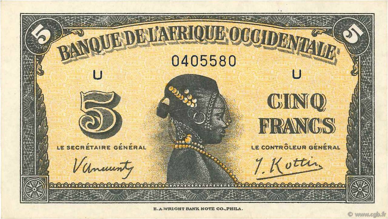 5 Francs FRENCH WEST AFRICA  1942 P.28a SPL+