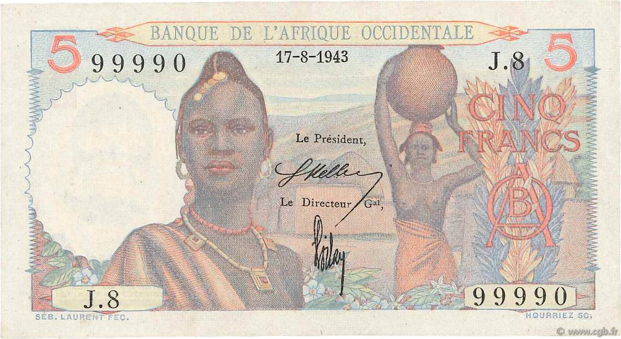5 Francs FRENCH WEST AFRICA  1943 P.36 VZ