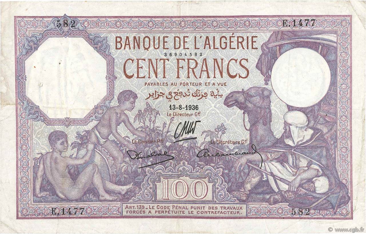 100 Francs ALGERIA  1936 P.081b q.BB