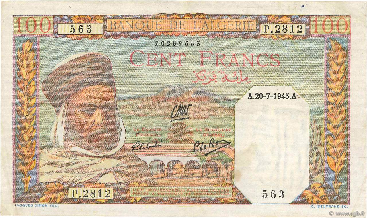 100 Francs ALGÉRIE  1945 P.088 TTB