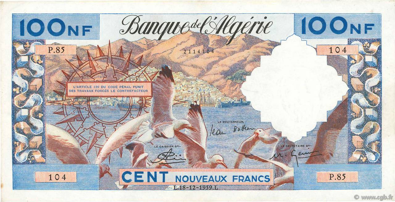 100 Nouveaux Francs ALGERIA  1959 P.121a XF-