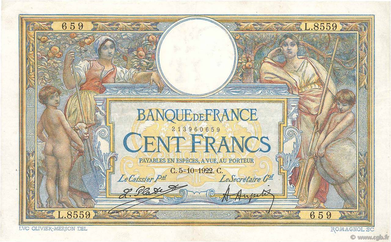 100 Francs LUC OLIVIER MERSON sans LOM FRANCE  1922 F.23.15 TTB+