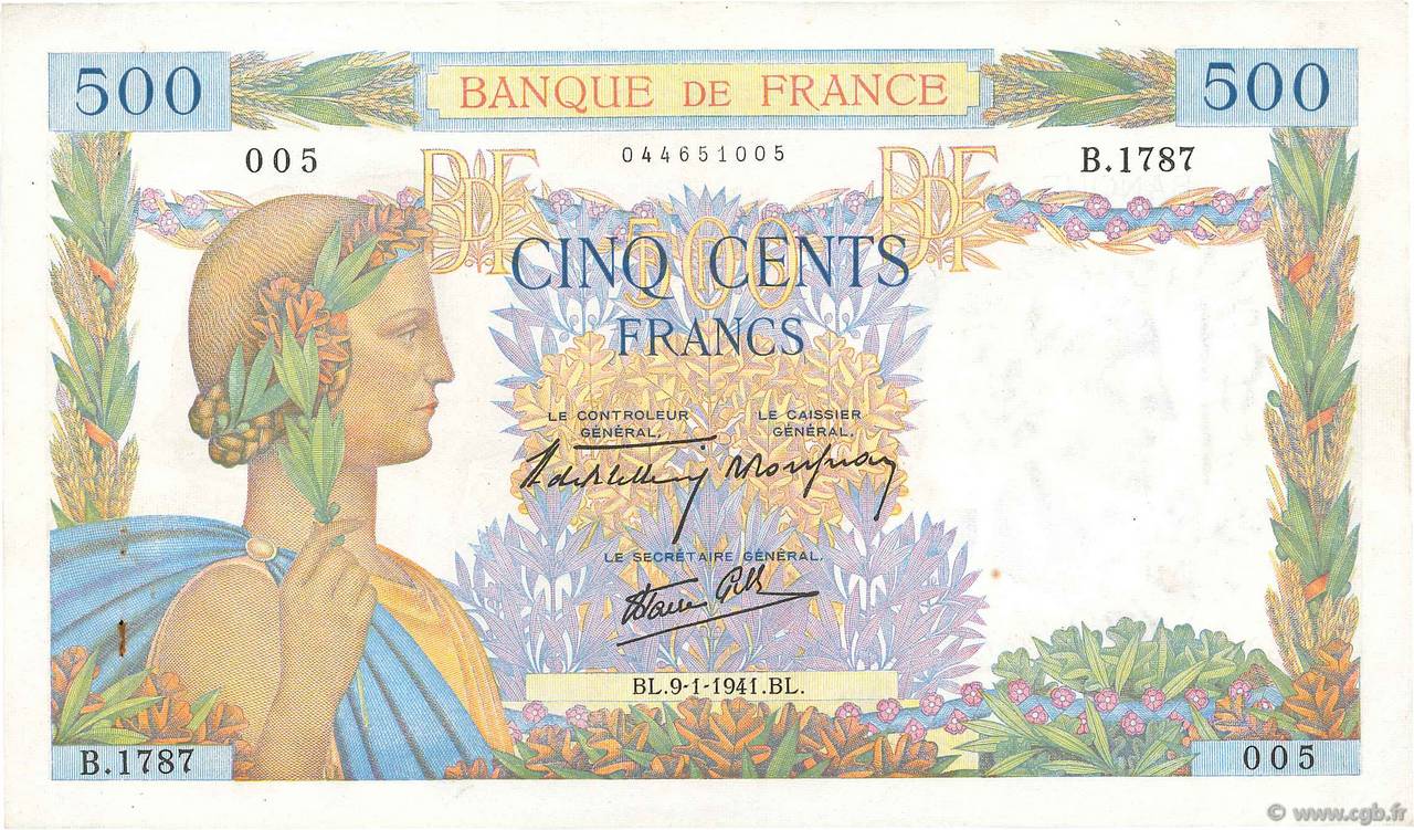 500 Francs LA PAIX FRANKREICH  1941 F.32.12 VZ