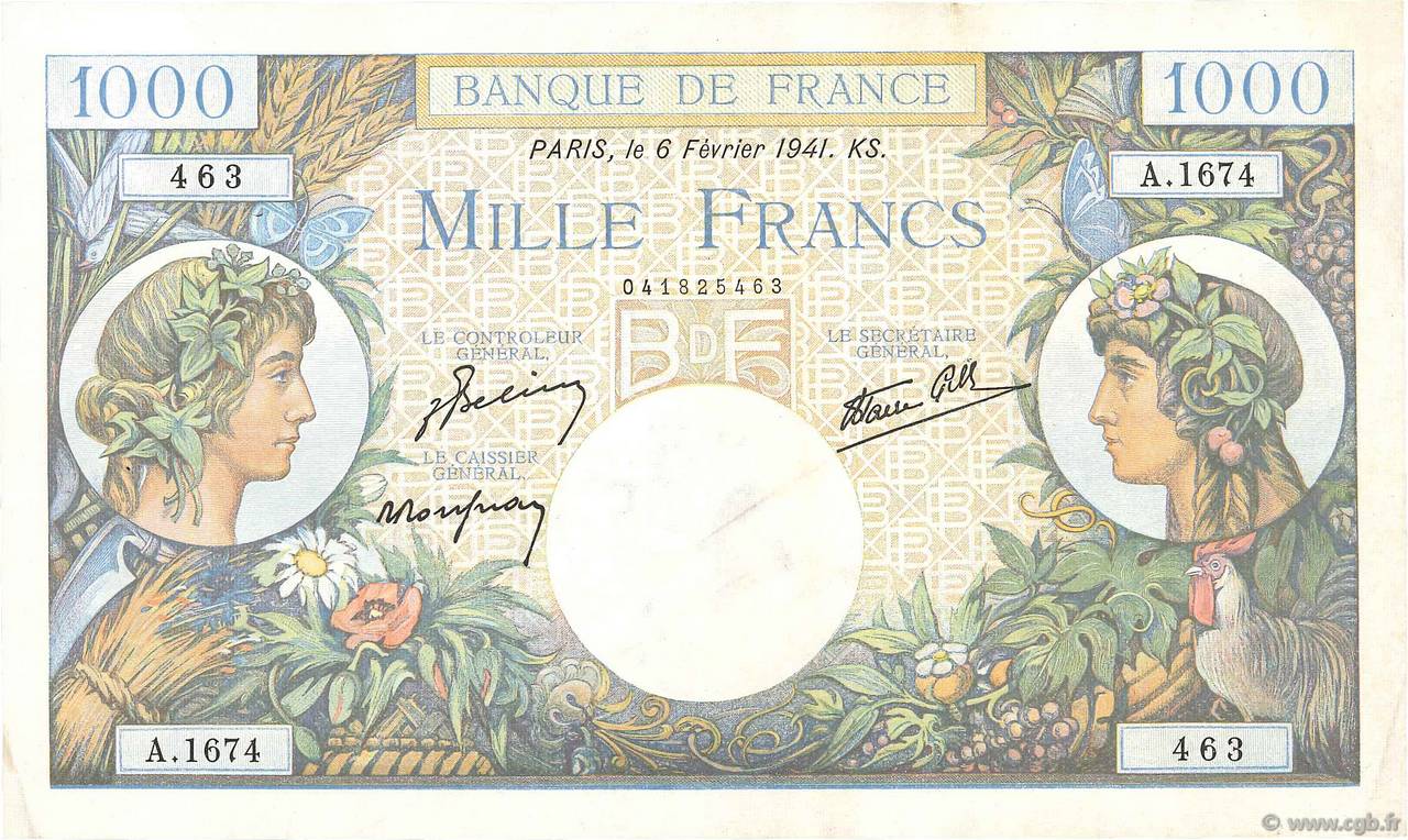1000 Francs COMMERCE ET INDUSTRIE FRANCE  1941 F.39.04 VF