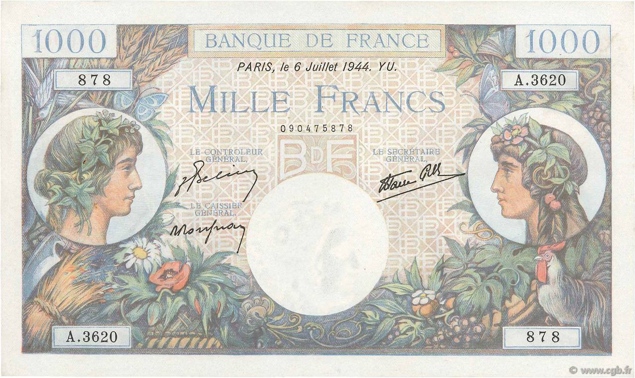 1000 Francs COMMERCE ET INDUSTRIE FRANCE  1944 F.39.10 SPL