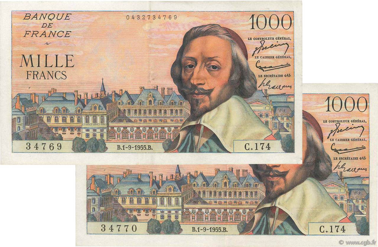 1000 Francs RICHELIEU Consécutifs FRANCIA  1955 F.42.15 MBC+ a EBC