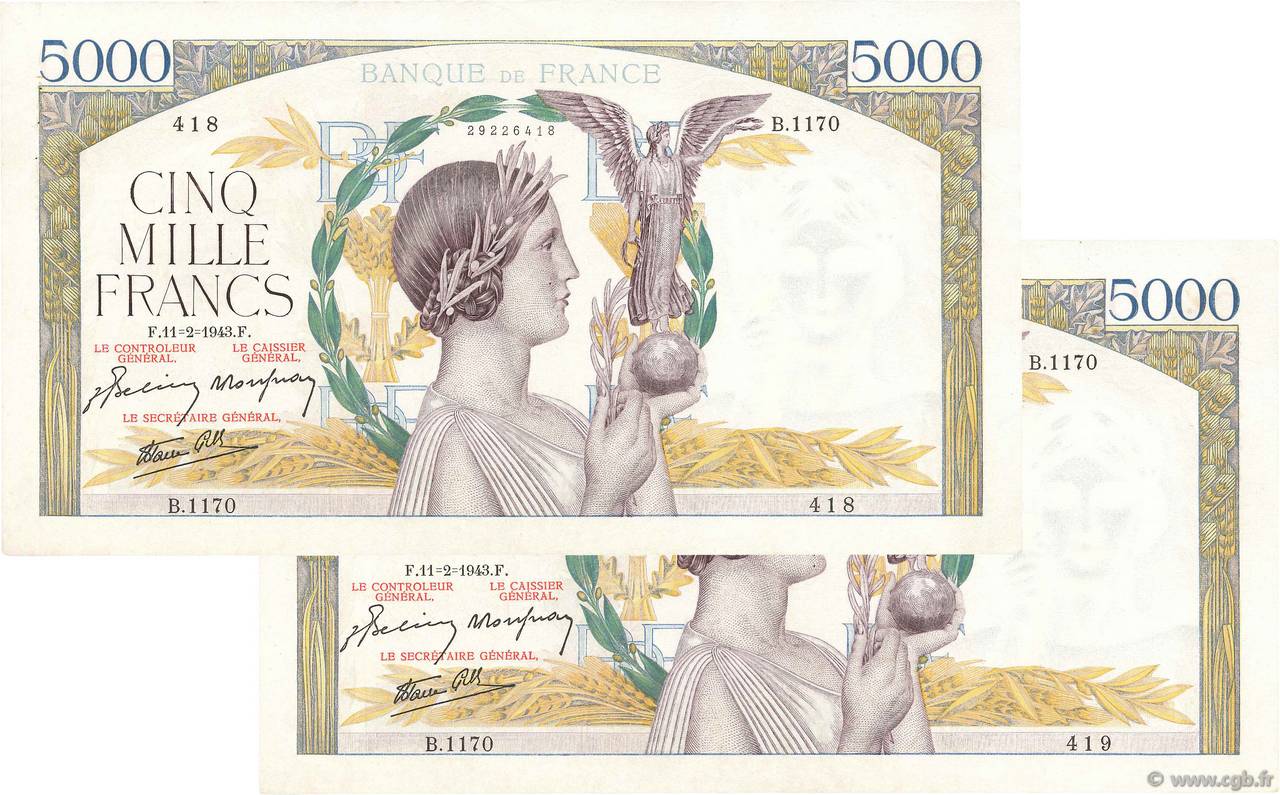 5000 Francs VICTOIRE Impression à plat Consécutifs FRANCIA  1943 F.46.47 BB to SPL