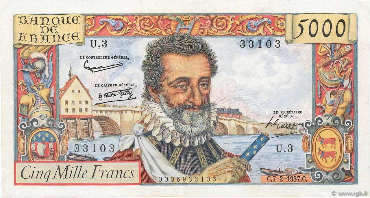 5000 Francs HENRI IV FRANKREICH  1957 F.49.01 fVZ