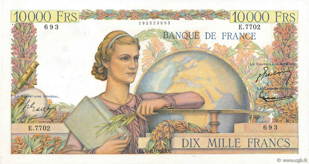 10000 Francs GÉNIE FRANÇAIS FRANCIA  1954 F.50.72 MBC+