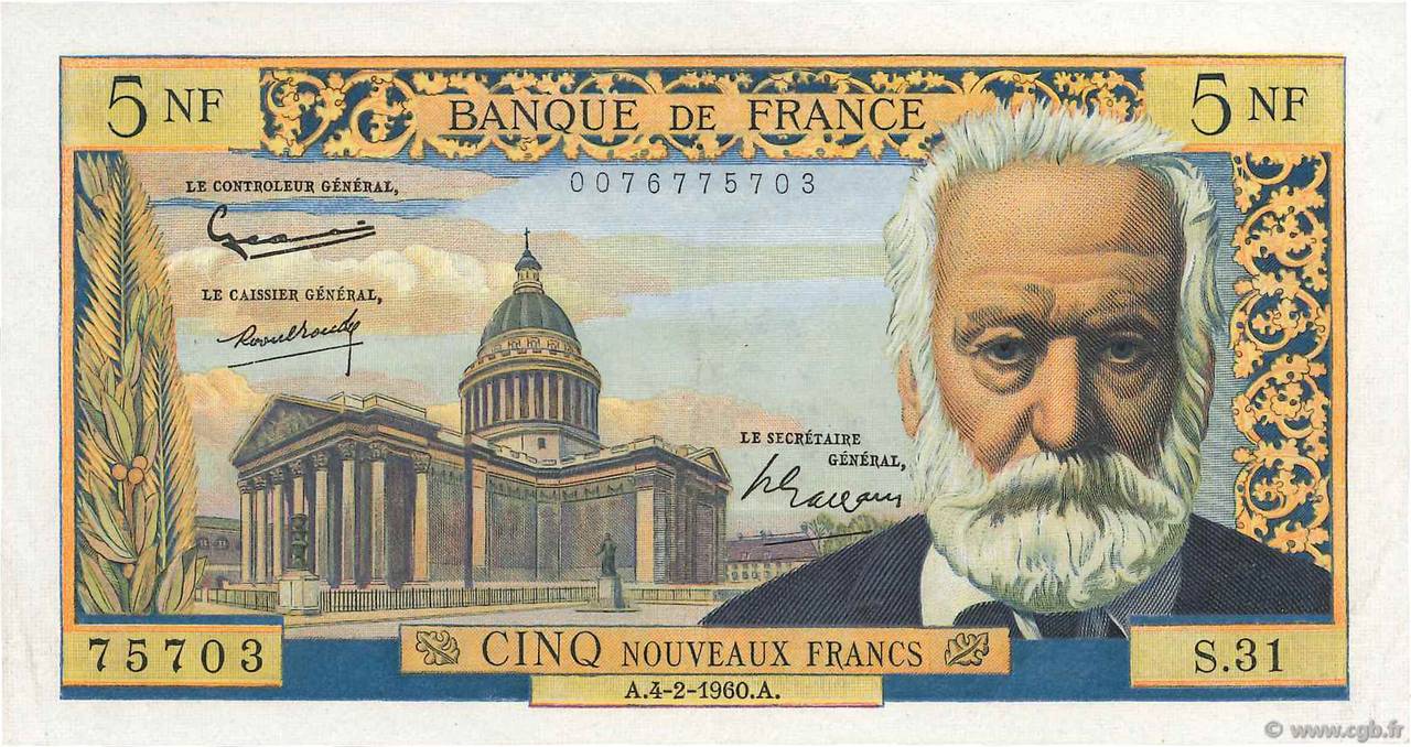 5 Nouveaux Francs VICTOR HUGO FRANCE  1960 F.56.05 XF+