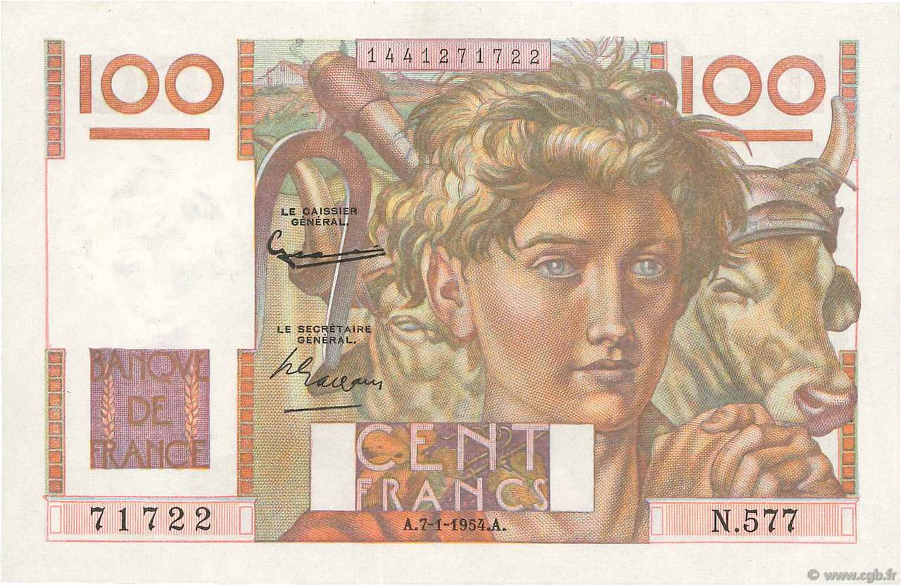 100 Francs JEUNE PAYSAN FRANCE  1954 F.28.41 SPL