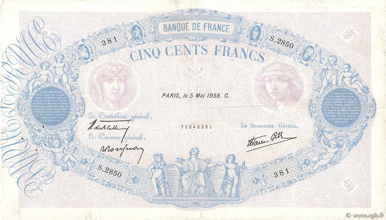 500 Francs BLEU ET ROSE modifié FRANCE  1938 F.31.10 VF-