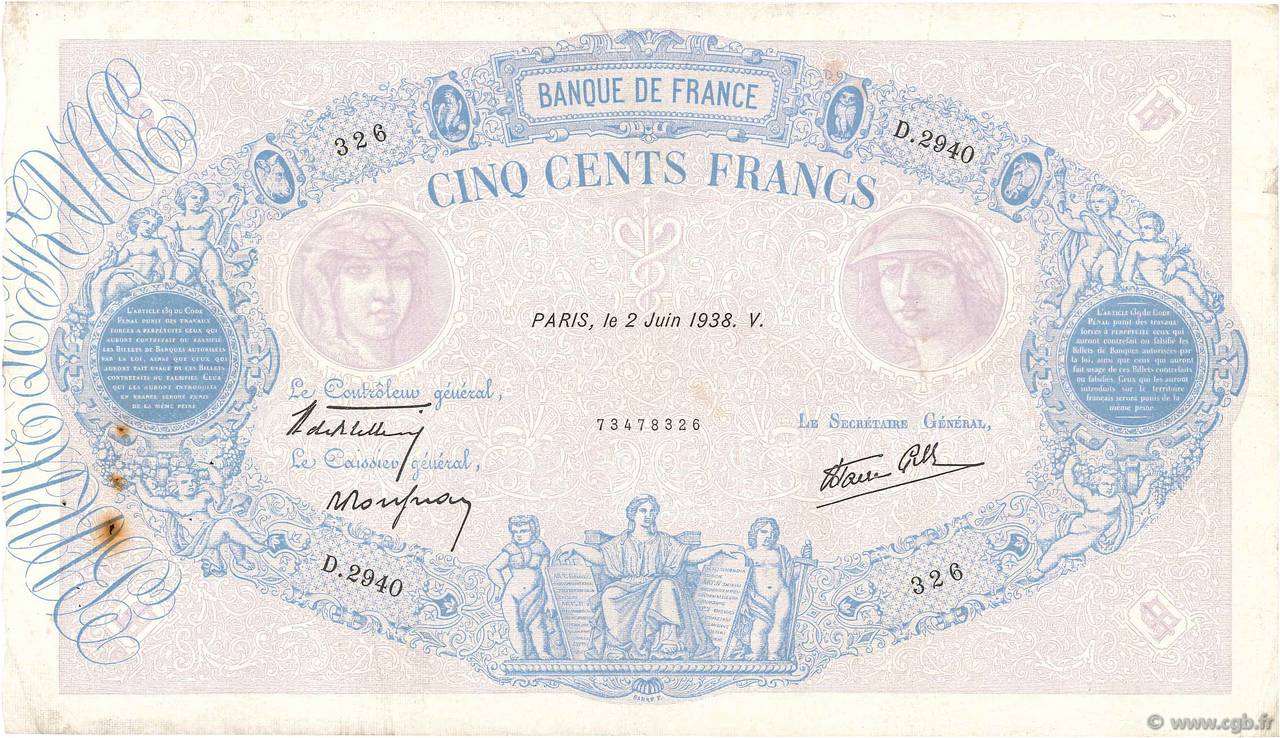 500 Francs BLEU ET ROSE modifié FRANCE  1938 F.31.13 TB+