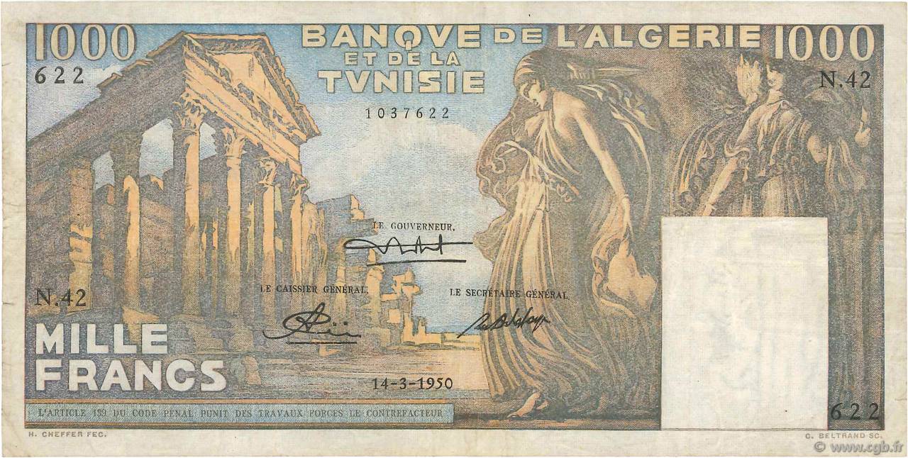 1000 Francs TUNISIA  1950 P.29a VF