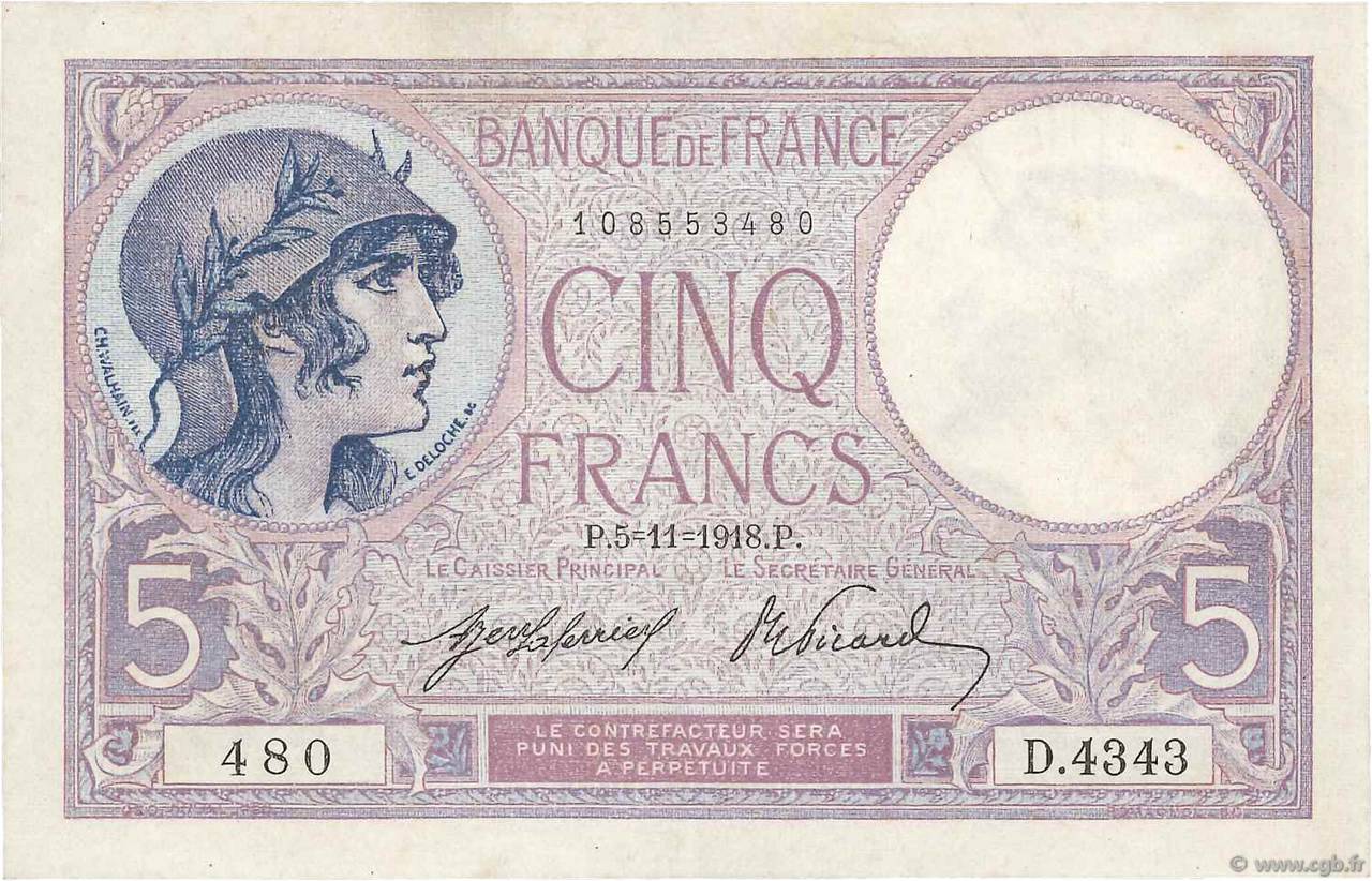 5 Francs FEMME CASQUÉE FRANCE  1918 F.03.02 XF+